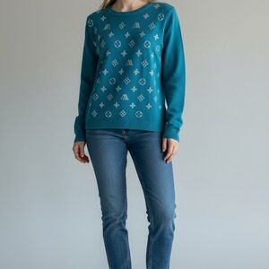 Teal and Silver Patterned Knit Sweater